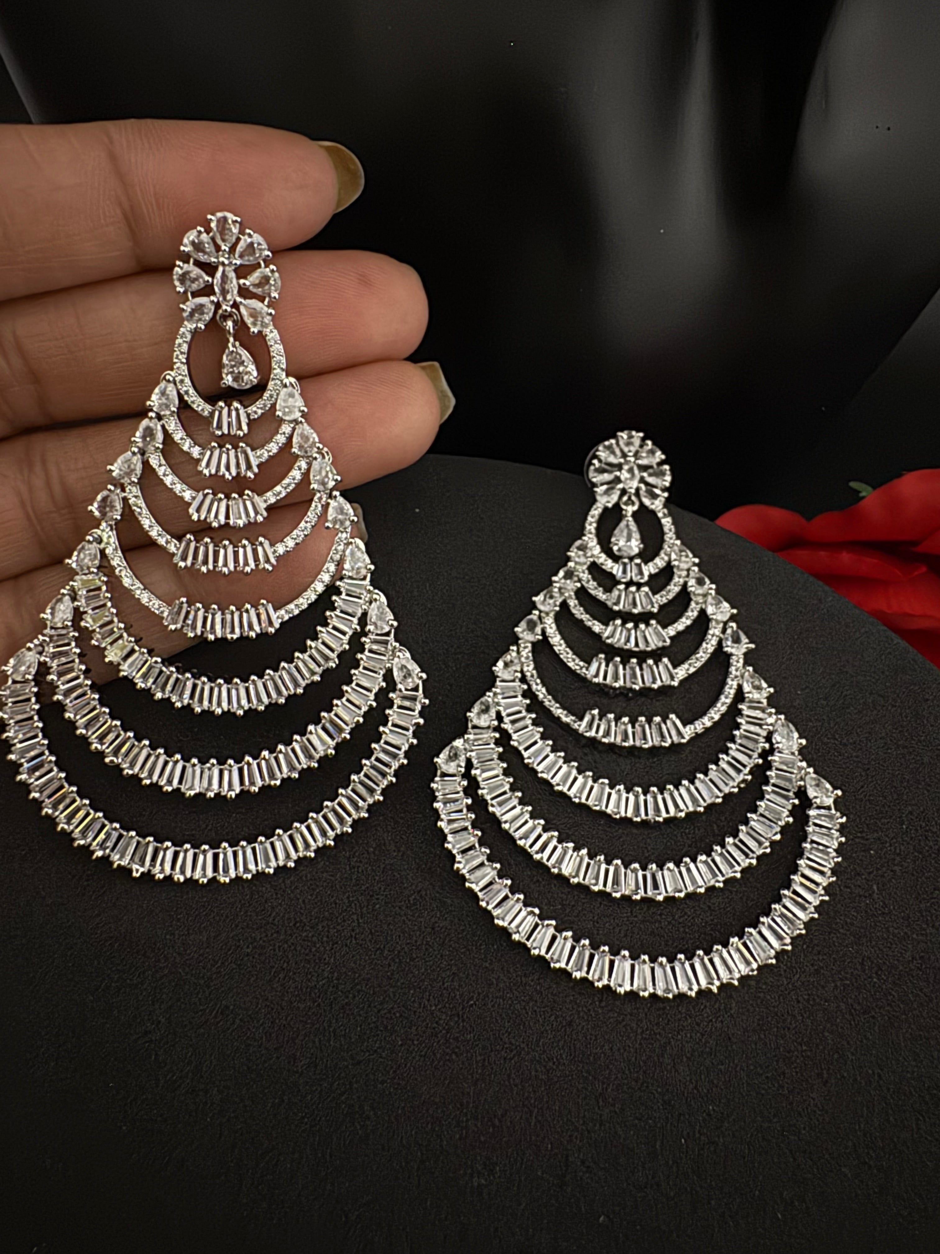 Premium Cubic Zirconia silver Chandelier Oversized earrings is designer Inspired, Statement Long earring, Bridal, Party, Wedding jewelry,