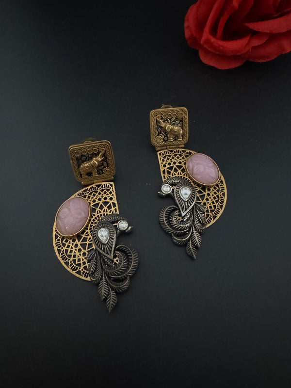 Antique Gold, Oxidized, Carved Stones Chandbali Dangle Earrings, Amrapali inspired Designer jewelry