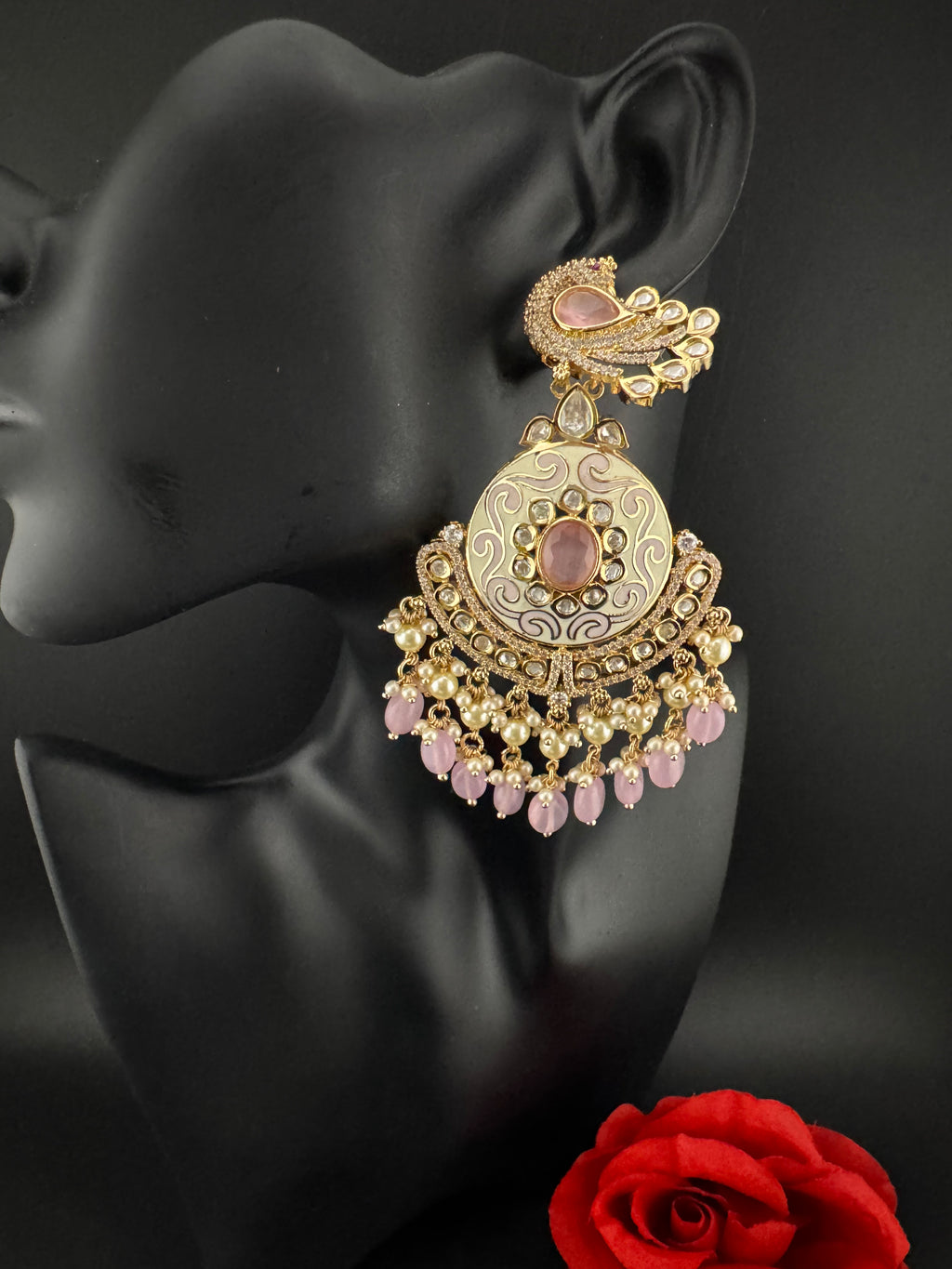 Enamel and Gold Kundan Chandelier Long Earrings, High shine Bridal Moissanite CZ, Designer Earrings