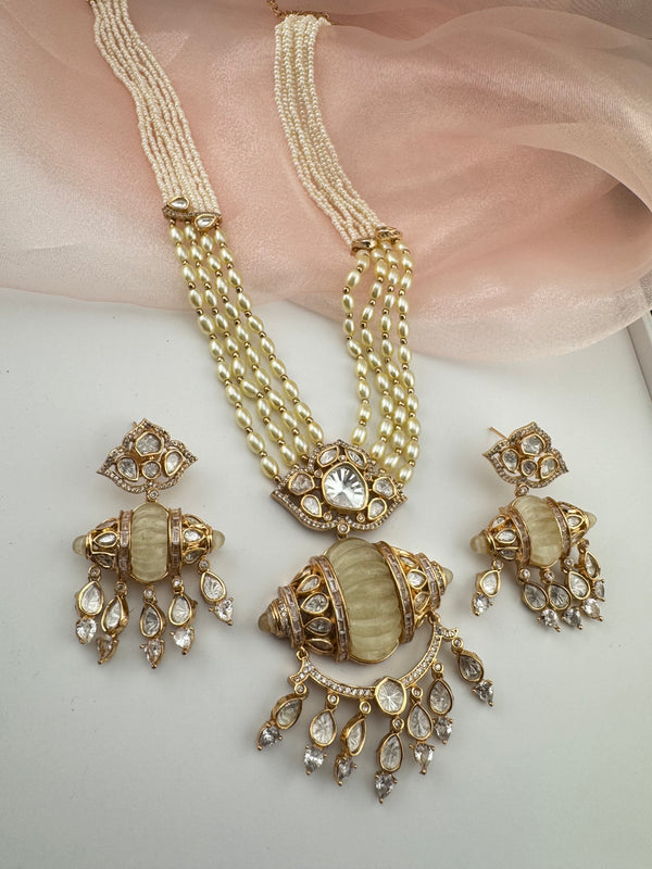 Kundan, Moissanite, MOP, CZ, Pearls Long Gold Choker necklace set, Indian Rani haar