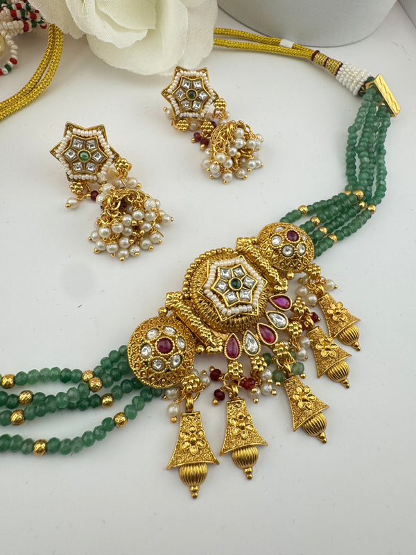 Rajwadi Choker necklace set with jhumka, in kundan, pearls, hydro beads, Indian Bridal Jewelry set