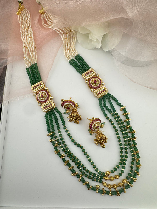 Rajwadi Kundan, Green hydro beads, Pachi, Pearl Long Gold Necklace Set, Indian Bridal Rani Haar