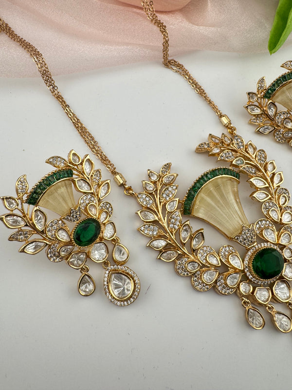 Kundan, CZ, MOP, Stone, Uncut Polki Long Pendant necklace set, Pendant set, everyday wear jewelry