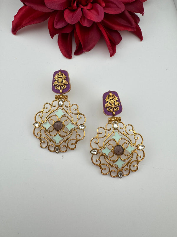 Antique Gold, Enamel, Stones Chandbali Dangle Earrings, Amrapali inspired Designer jewelry