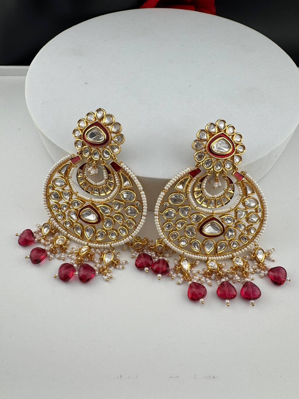 Red and Gold Kundan Chandelier Earrinngs, High shine Bridal Moissanite CZ, Shiney Gold Designer