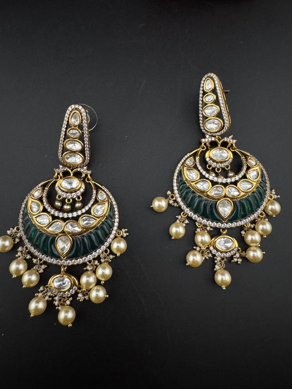 Green and Gold, pacchi Kundan, Pearls Chandelier Long Earrings, Bridal, Moissanite, CZ, Designer jewelry