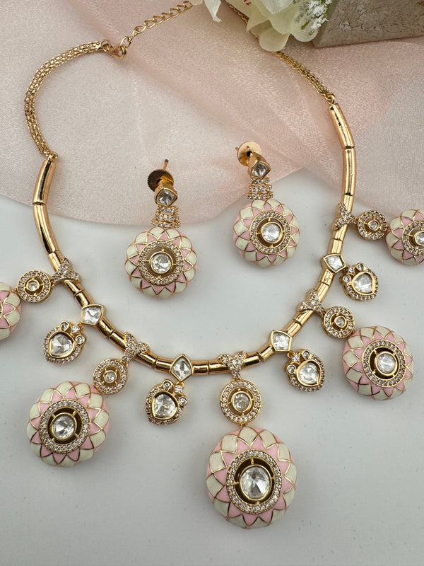 Enamel, Minakari, Kundan, CZ Gold plated Hasli necklace set, Indian Bridal Jewelry set