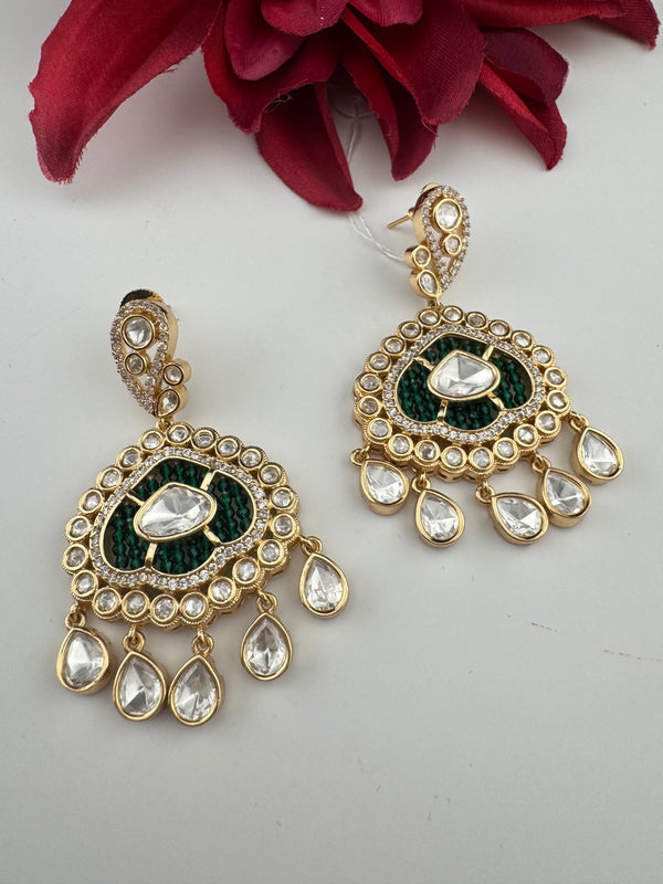 Gold and small pearls, Kundan, Cubic Zirconia Chandelier Chandbali Earrings, CZ, Designer jewelry