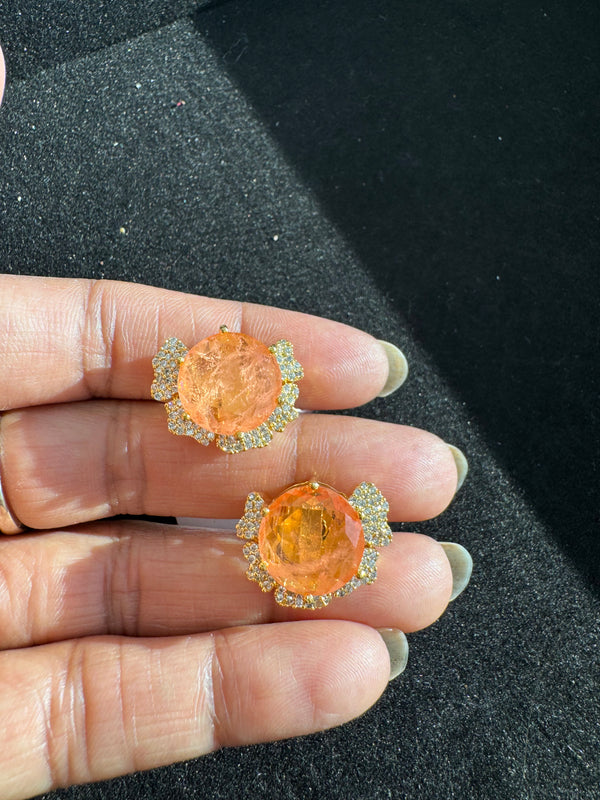 Gold Polish Doublet Stone Stud Earrings, Cubic Zirconia, AD, CZ, Indian Jewelry