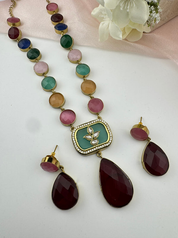 Kundan, CZ, MOP, Stone inlay Long Golden necklace set, Rani haar, everyday wear jewelry