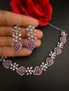 Nano Setting CZ Diamond Statement Ruby Necklace Set, White Gold Plated Choker, 3D nature inspired