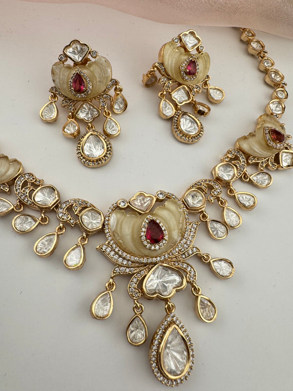 Kundan, Moissanite, MOP, CZ Flexible Gold necklace set, Indian Bridal Jewelry
