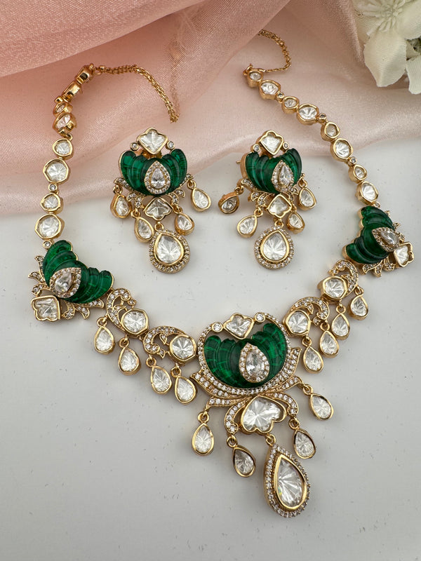 Kundan, Moissanite, MOP, CZ Flexible Gold necklace set, Indian Bridal Jewelry