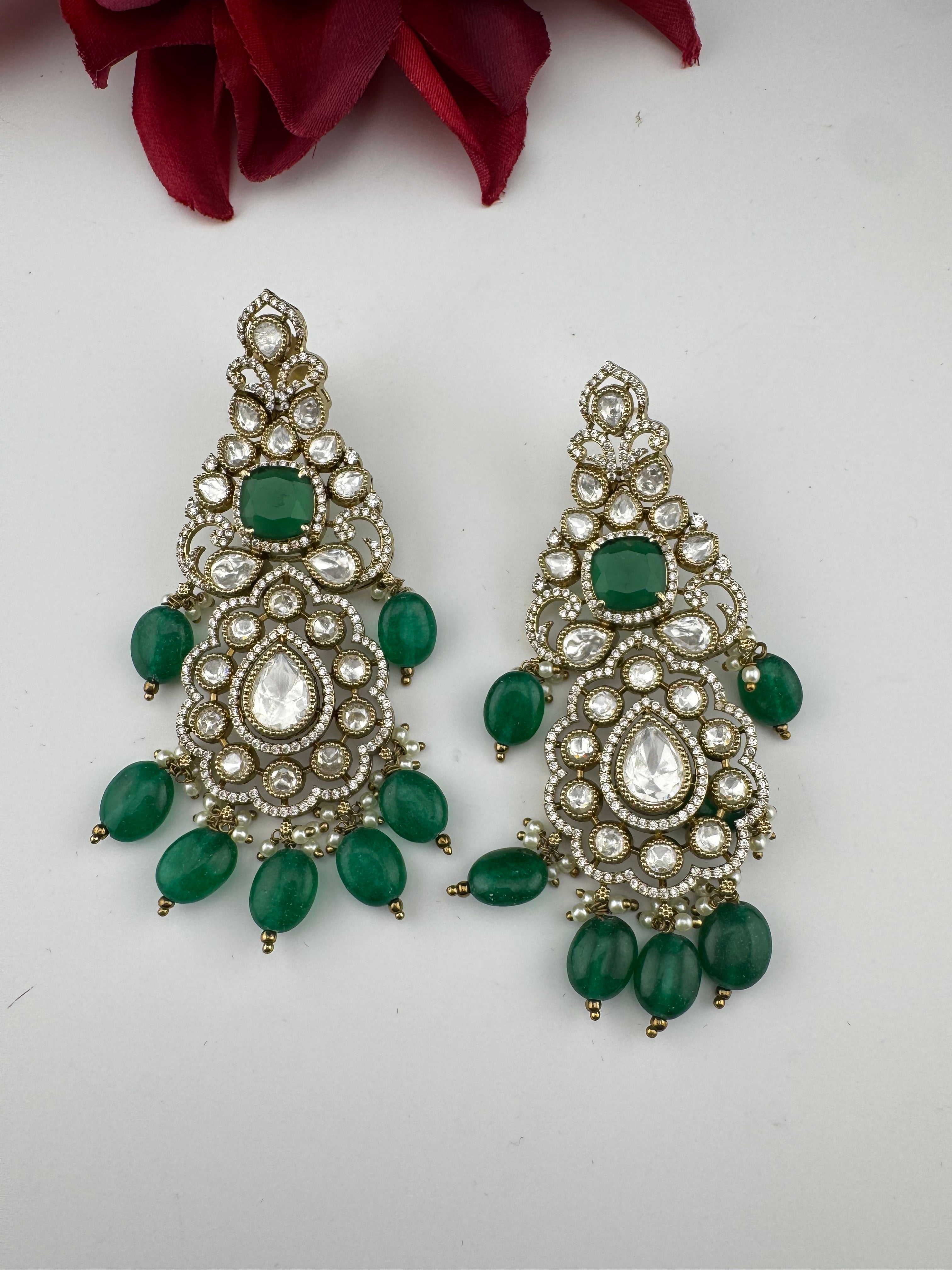 Green and Gold Kundan, Pearls Chandelier Long Earrings, Bridal, Moissanite, CZ, Designer jewelry