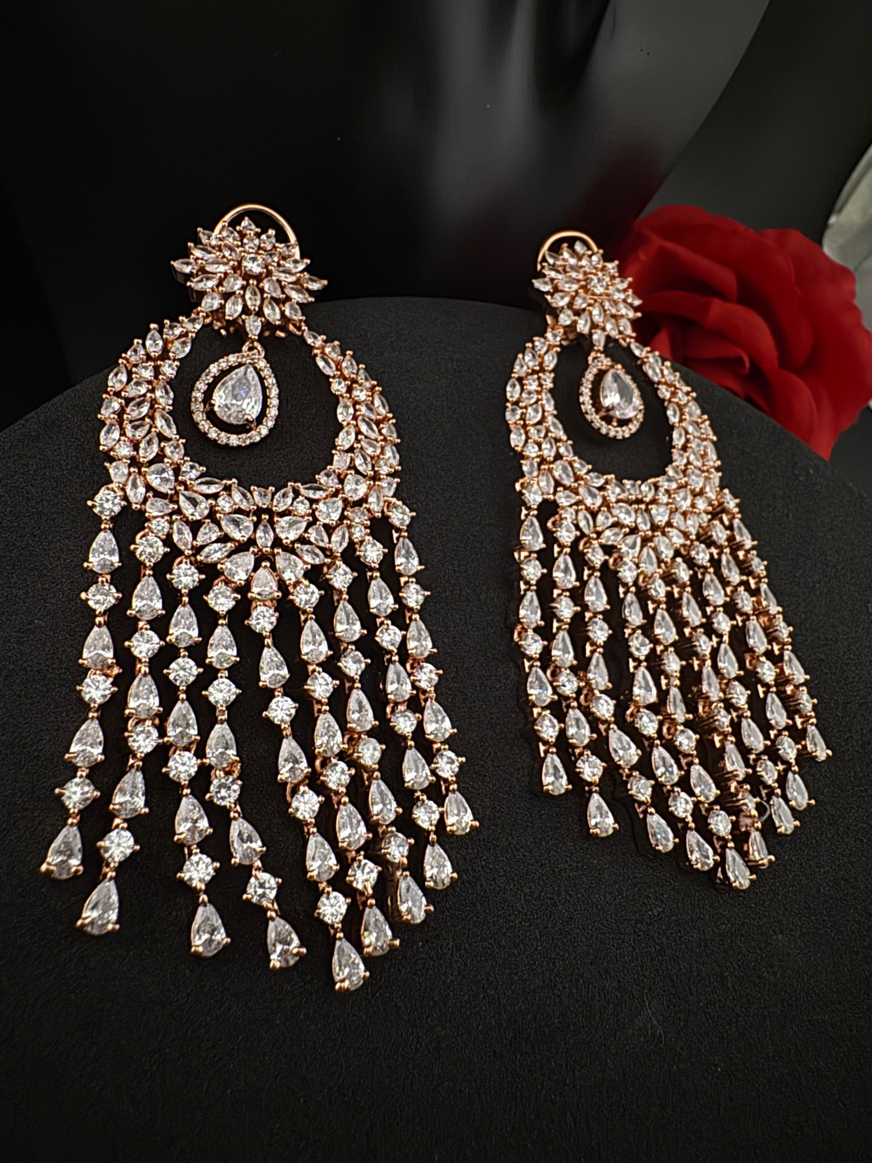 Premium Cubic Zirconia Chandelier Oversized earrings is designer Inspired, Statement Long earring, Bridal, Party, Wedding jewelry,