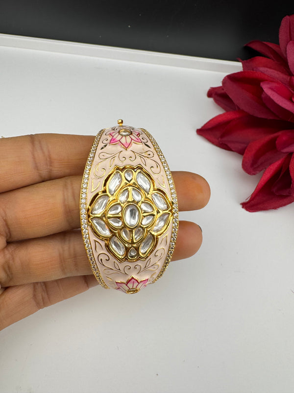 Moissanite Kundan, Enamel, CZ Openable Bracelet Bangle, Gold Polish (Fits 2.6" wrists)