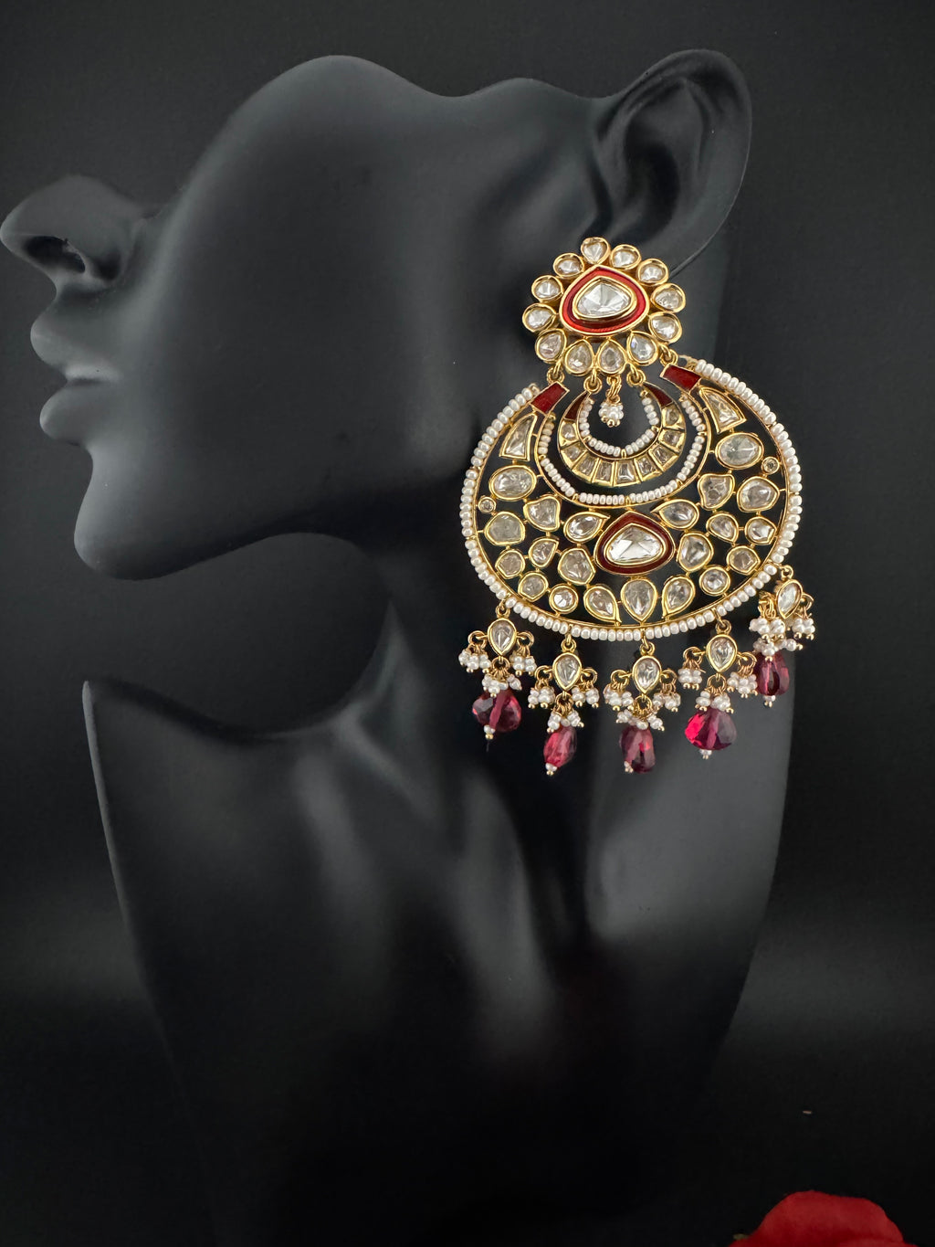 Red and Gold Kundan Chandelier Earrinngs, High shine Bridal Moissanite CZ, Shiney Gold Designer