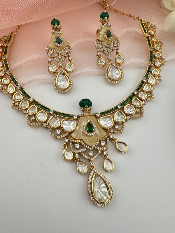 Kundan, Moissanite, MOP, CZ Flexible Gold necklace set, Indian Bridal Jewelry