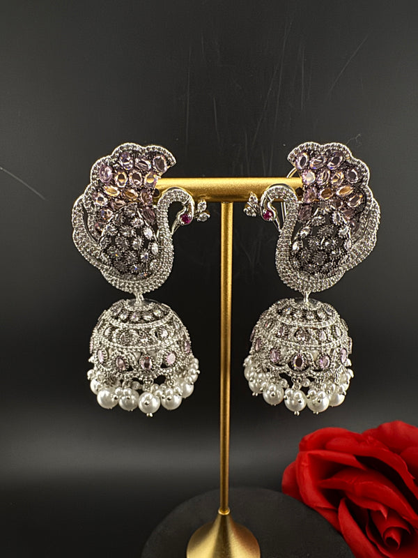 Premium Cubic Zirconia Peacock jhumka earrings is designer Inspired, Statement Long earring, Bridal, Party, Wedding jewelry, chic, Indian