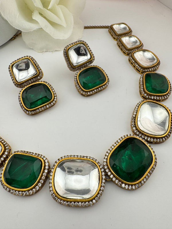 Kundan, Stones, CZ Gold Plated Green necklace set, Indian Bridal Jewelry set