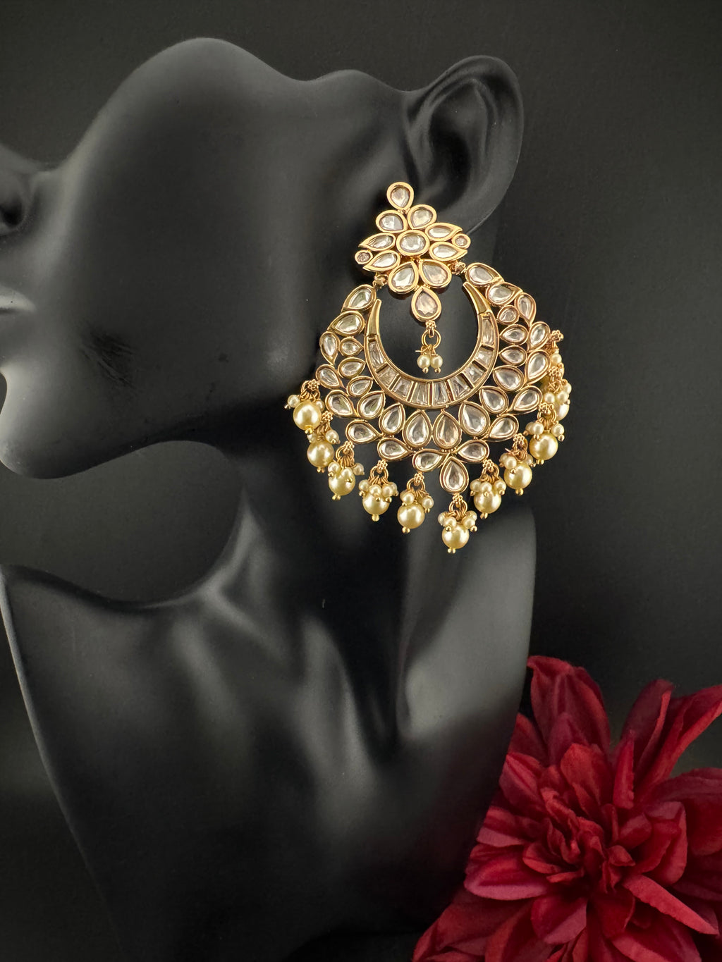 White and Gold Kundan, Pearls Chandelier Earrings, High shine Bridal, Moissanite ,CZ, Designer jewelry