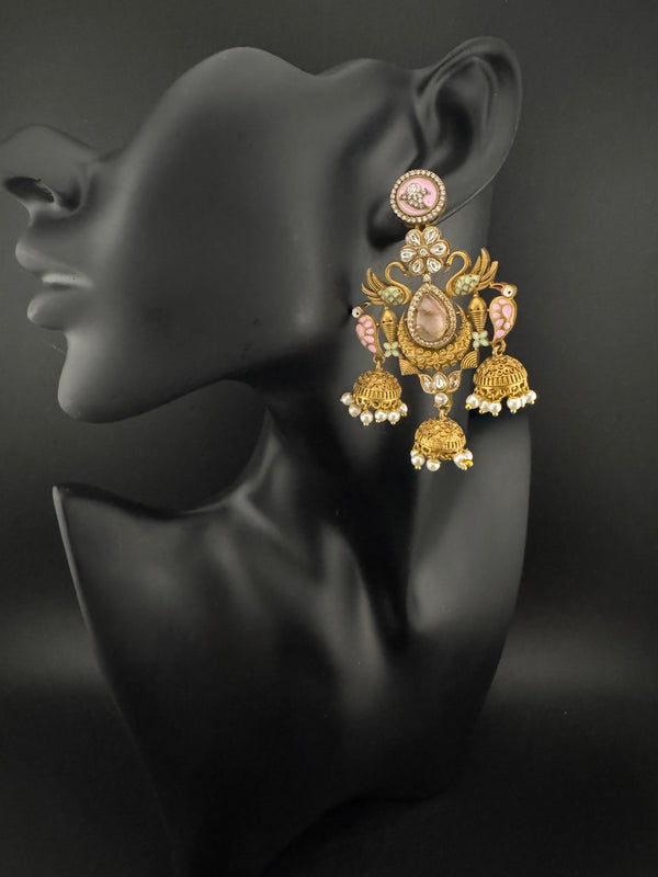 Amrapali inspired Matt Gold, Stone, Enamel, Pearl Oversized ChandBali Jhumka Earrings, designer jewelry