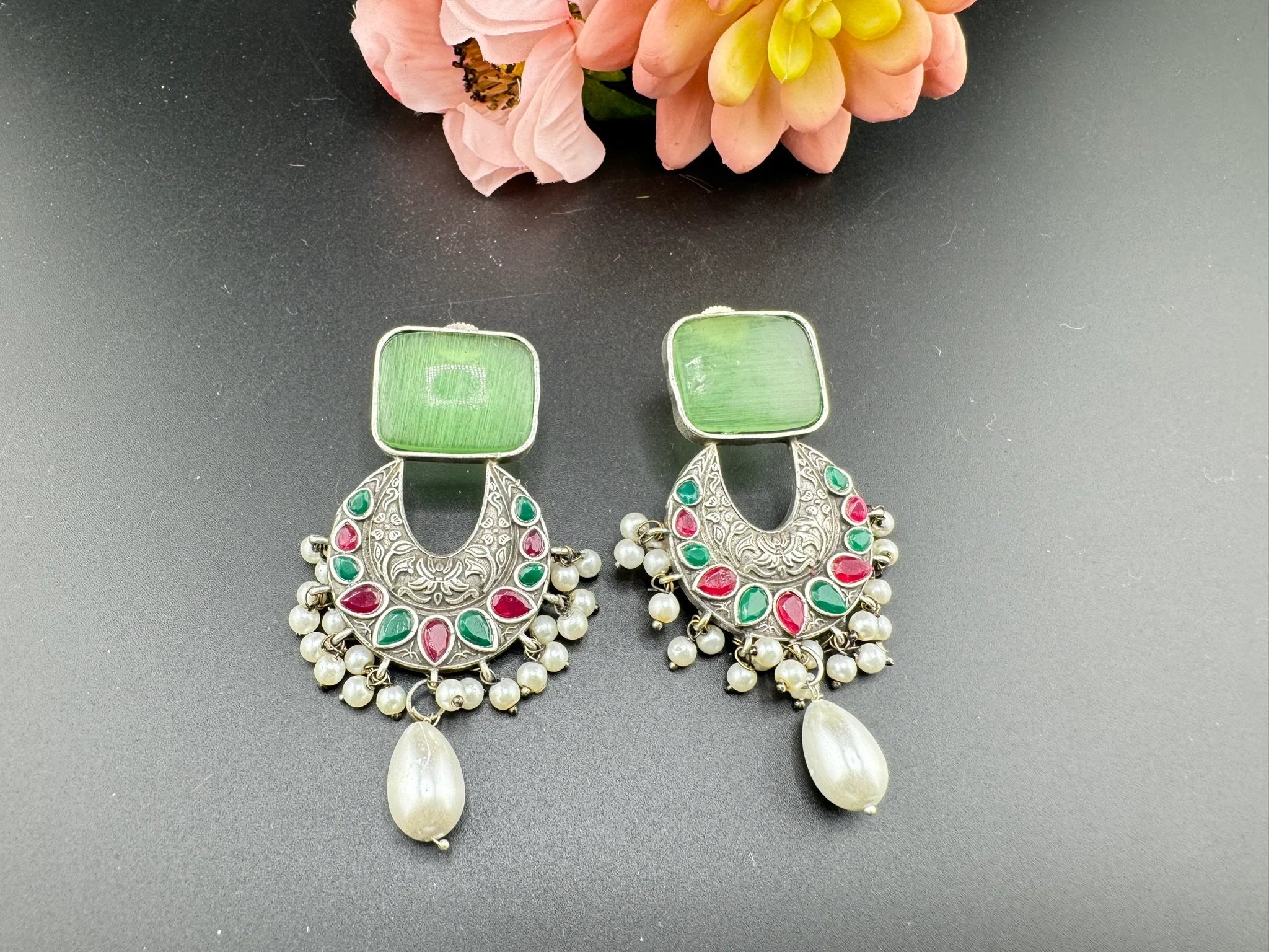 Mint/Light Green German Silver Oxidized chandbali with Monalisa Stone and pearls