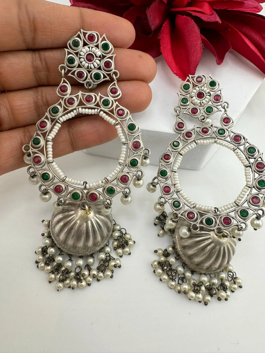 German Silver Oxidized long Oversized Jhumka earrings with multicolor stones