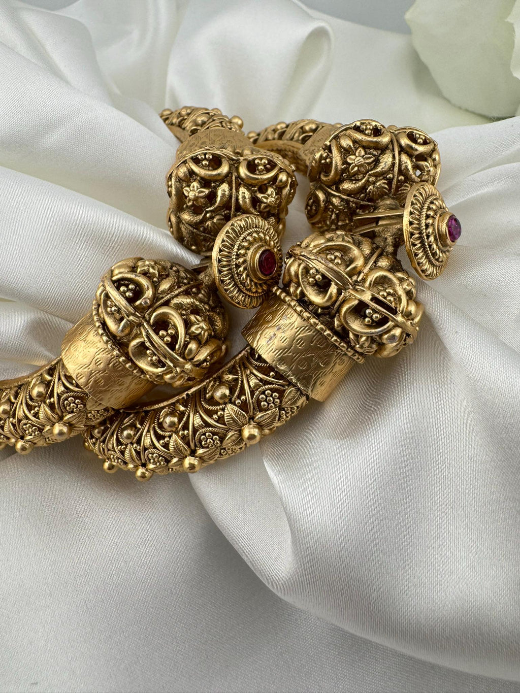 Amrapali inspired Designer Openable bangles in Matt Gold and ruby stones set of 2