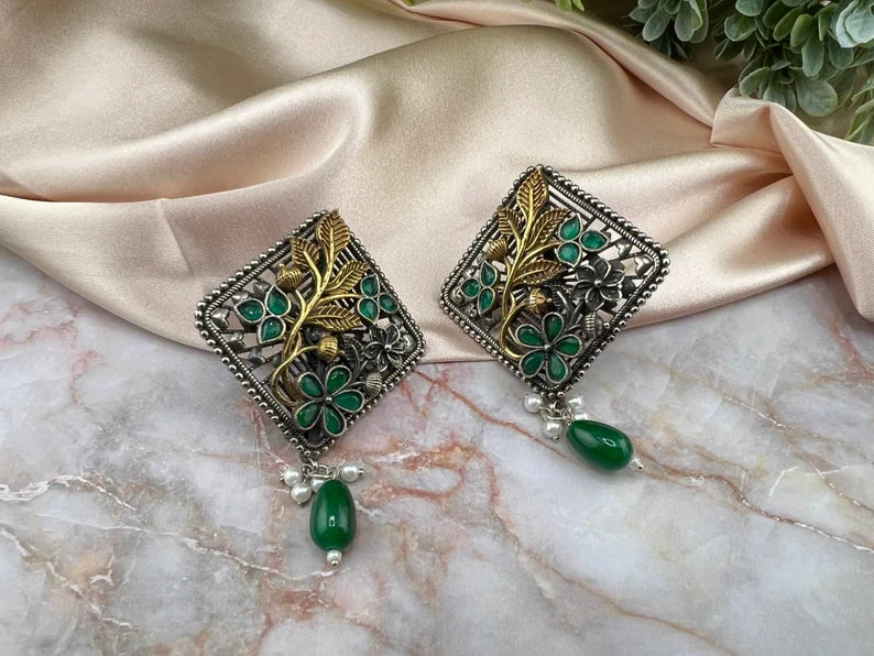 Green oxidized silver earring stud with stone and pearl, Oxidized silver earring