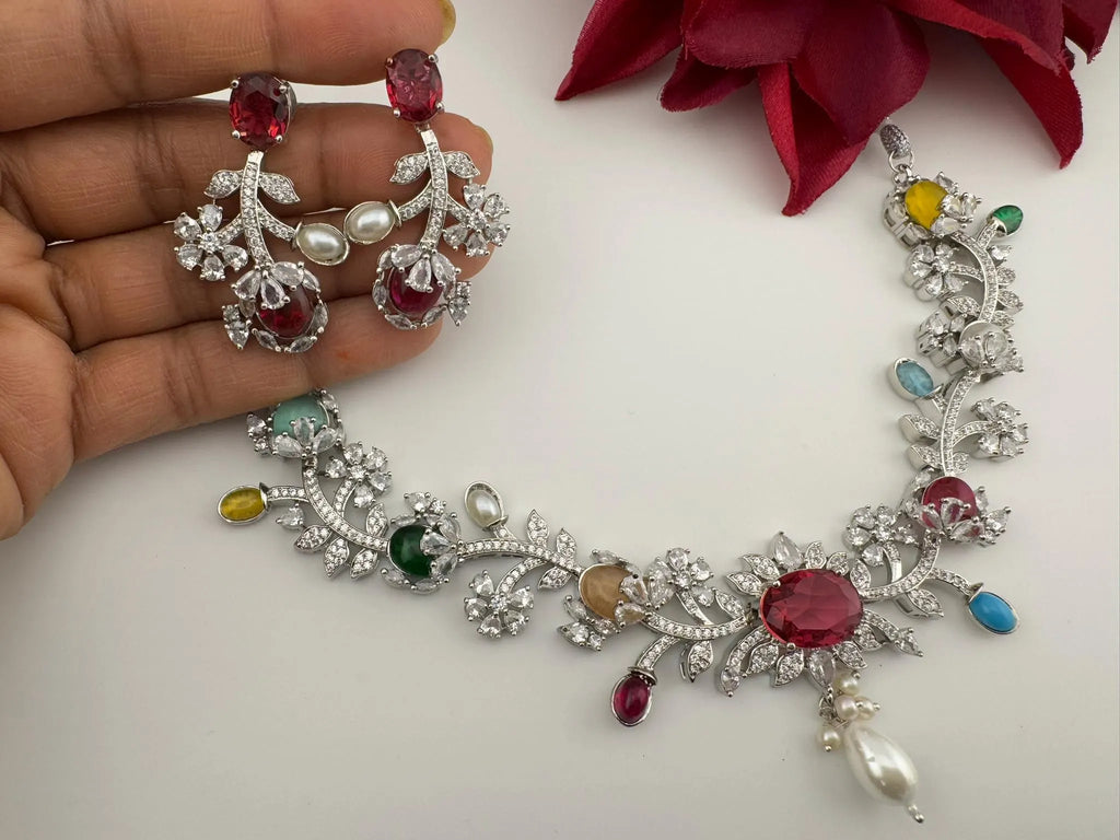 Red Premium American Diamond, Cubic Zirconia, Stones and Pearls Floral Necklace with earrings
