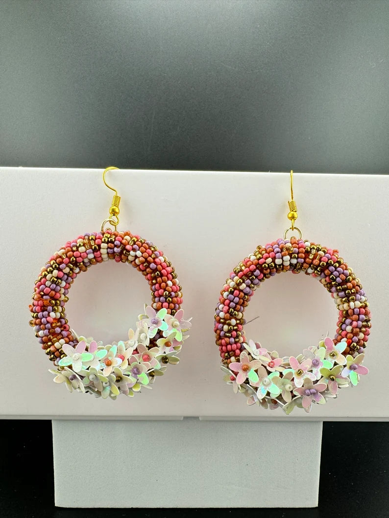 Beaded multicolor flower hoop Quirky earring, Handmade earring