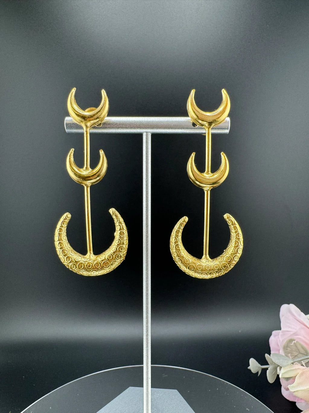 Crescent moon Premium Matt Gold statement long earrings
