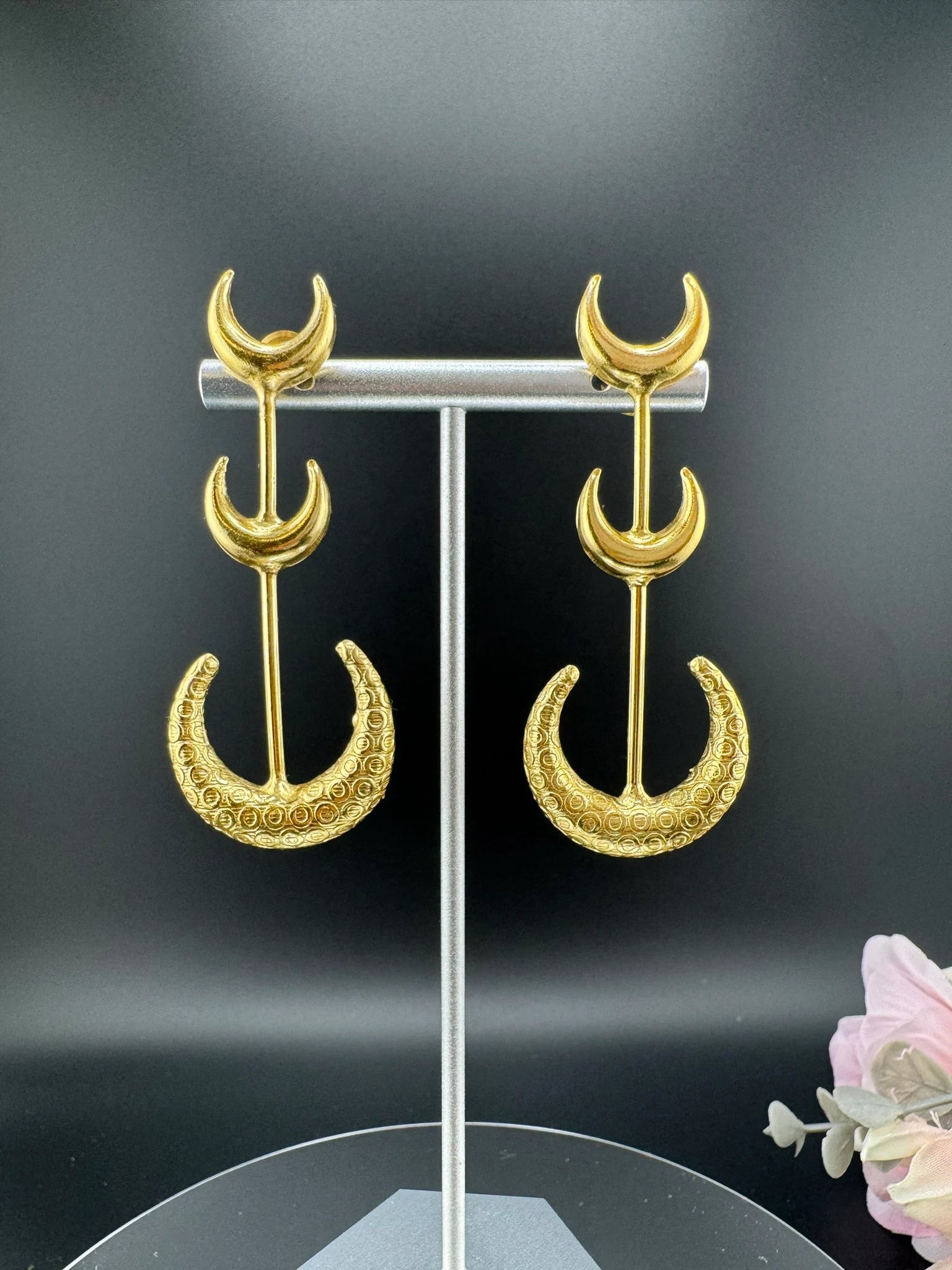 Crescent moon Premium Matt Gold statement long earrings