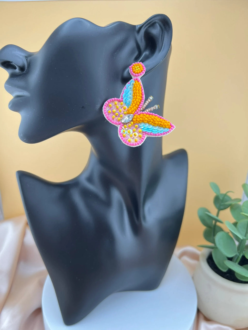 Pastel Orange Butterfly quirky Beaded earring, Handmade earrings