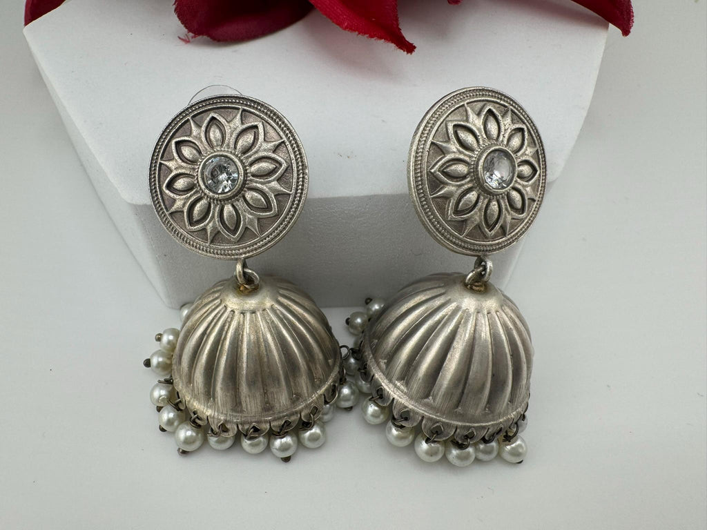 Silver Polish Premium Oxidized Jhumka earrings with CZ stone, pearls