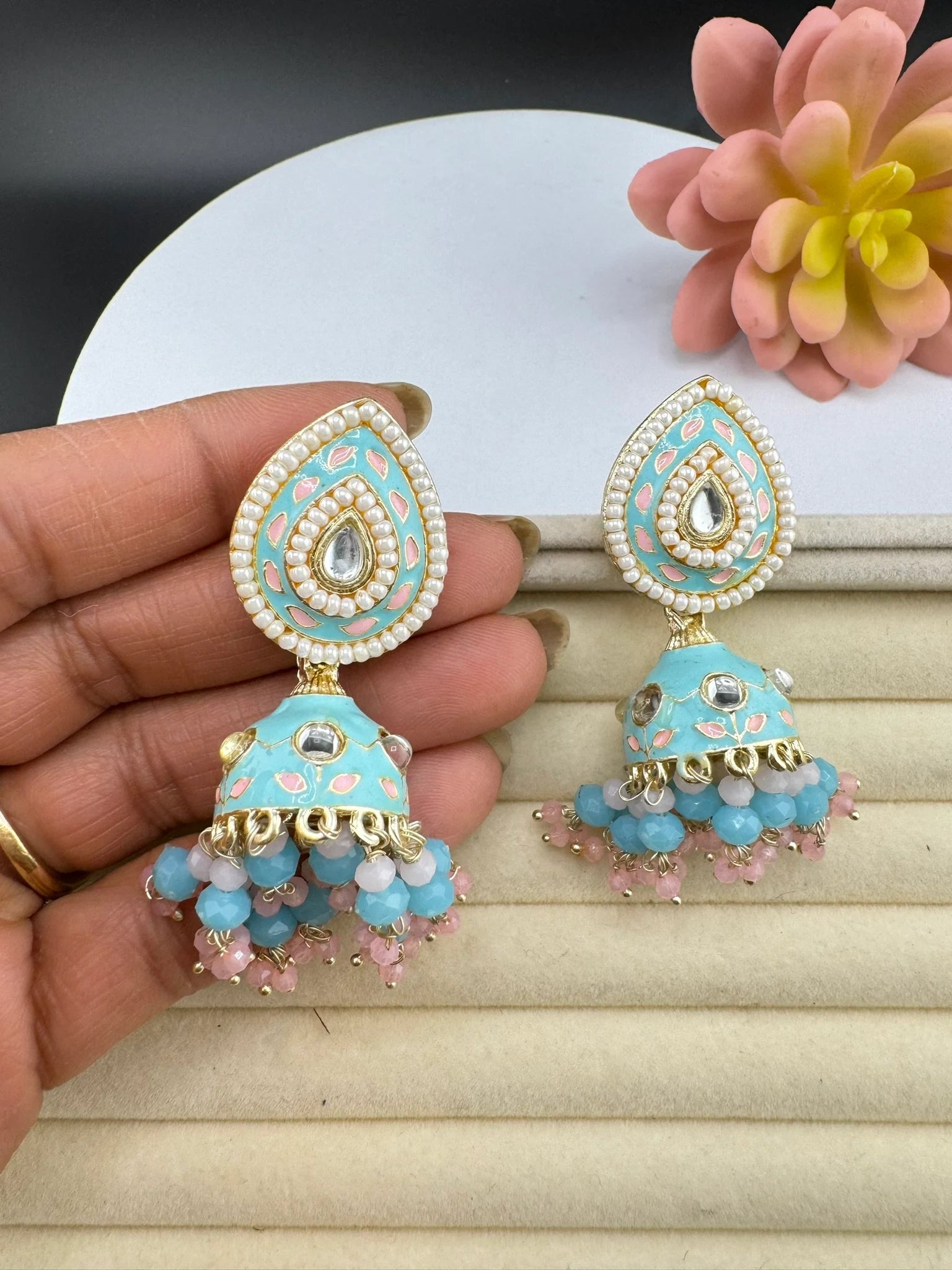 Minakari with Kundan and pearls Jhumka Earrings