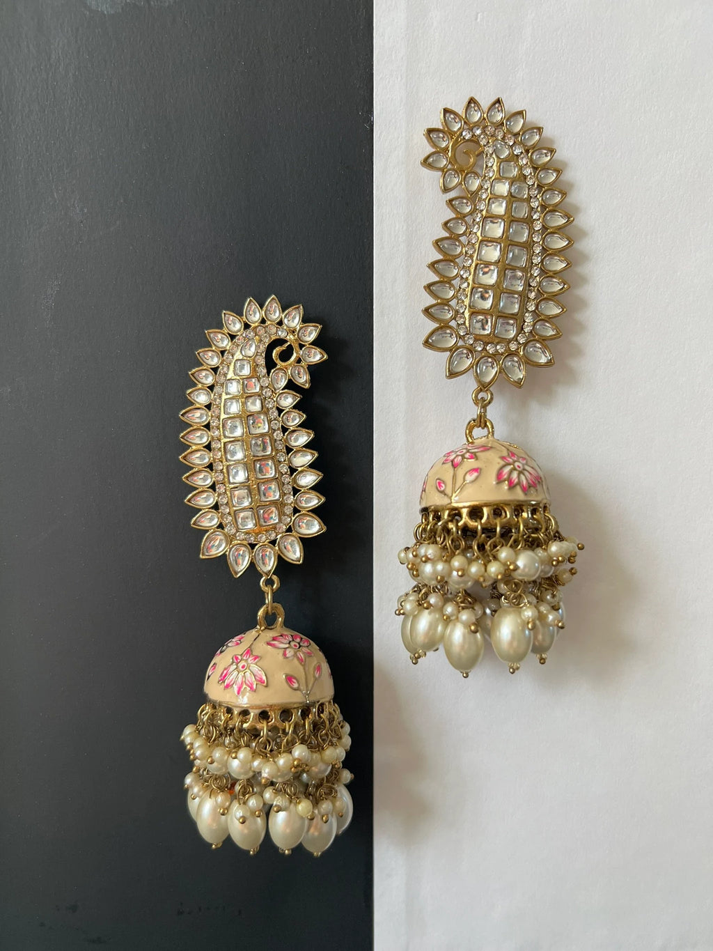 Ivory and Gold Long Jhumka with Minakari work, kundan and pearls details