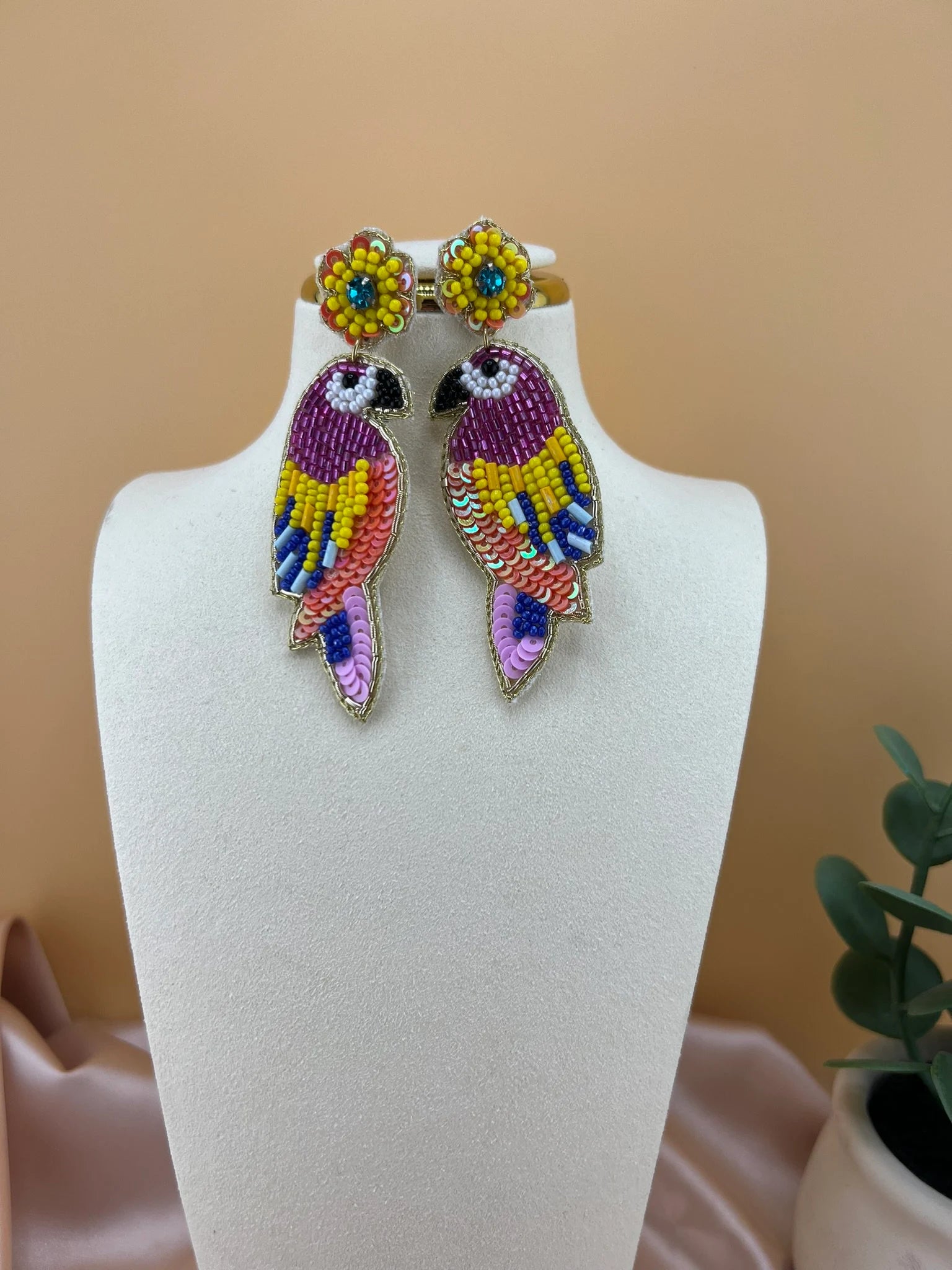 Colorful Bird Beaded Earrings, Handmade Statement earrings
