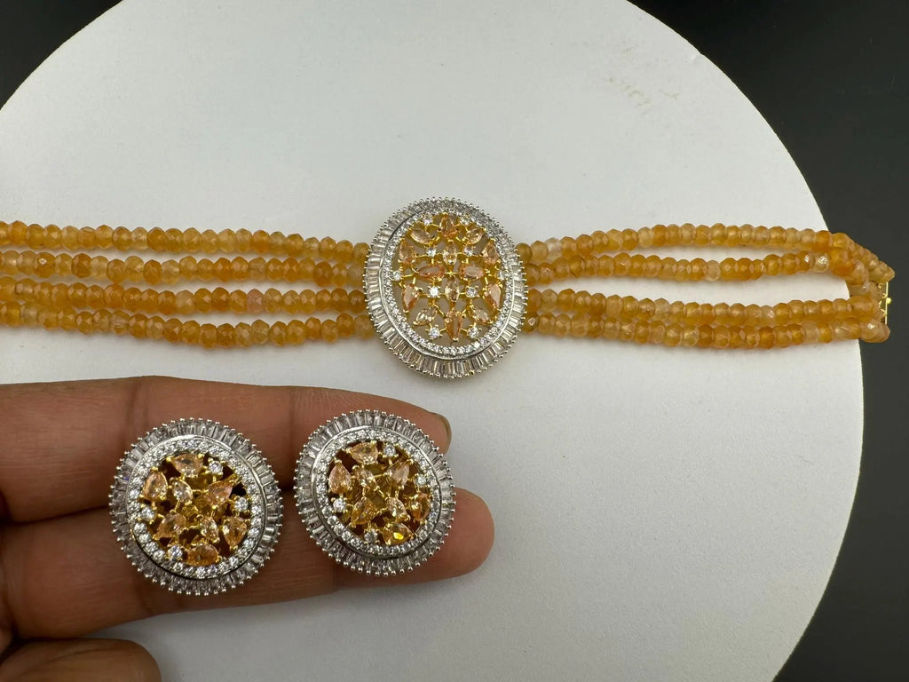 Premium Fusion necklace with CZ Pendant, natural stones and onyx beads choker Necklace set