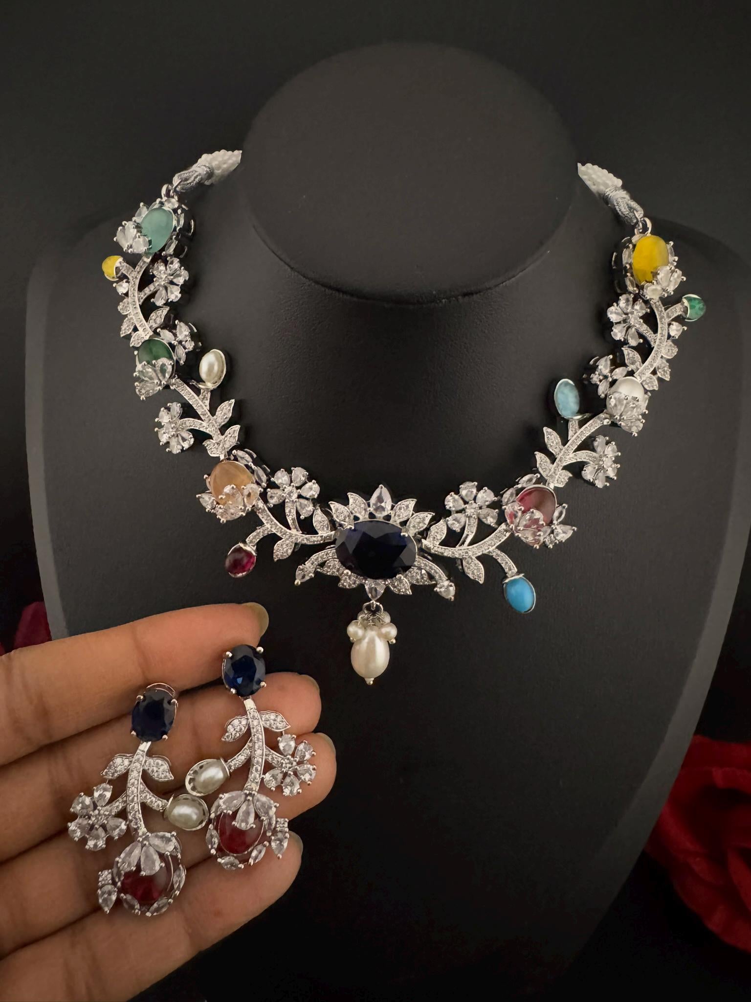 Blue Premium American Diamond, Cubic Zirconia, stones and pearls Floral Necklace with earrings