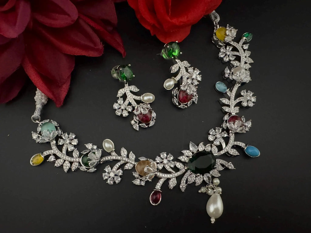 Green Premium American Diamond, Cubic Zirconia, Stones and Pearls Floral Necklace with earrings
