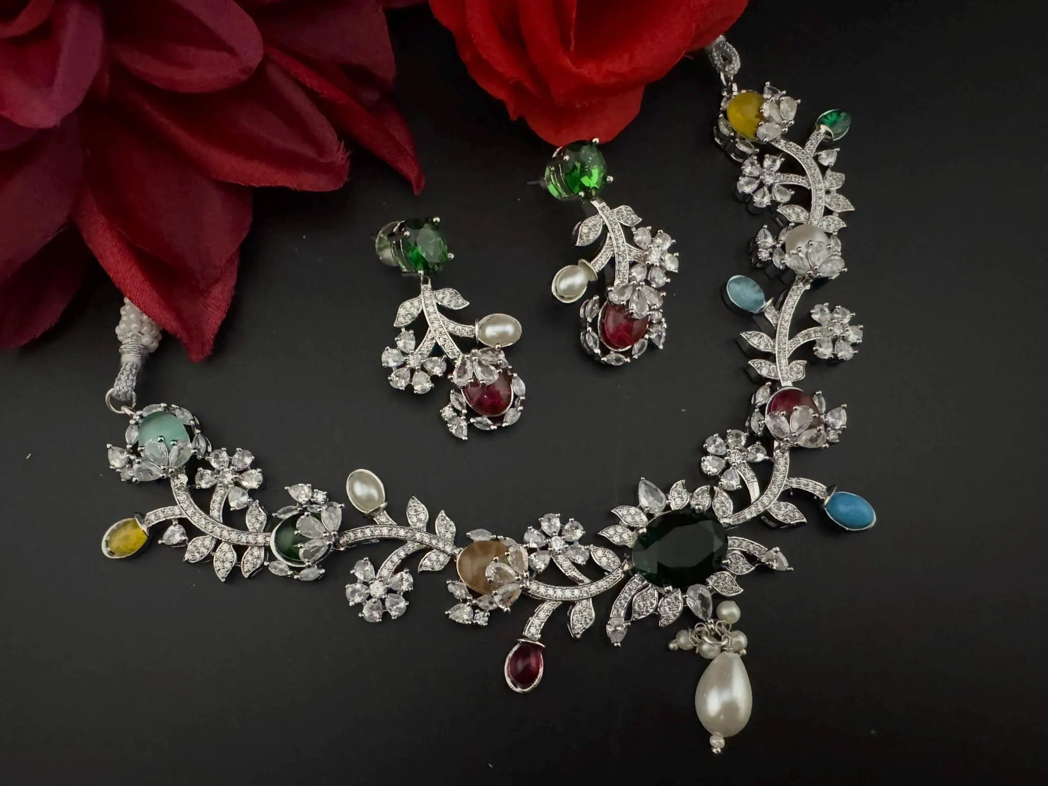 Green Premium American Diamond, Cubic Zirconia, Stones and Pearls Floral Necklace with earrings