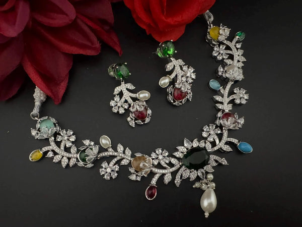 Green Premium American Diamond, Cubic Zirconia, Stones and Pearls Floral Necklace with earrings