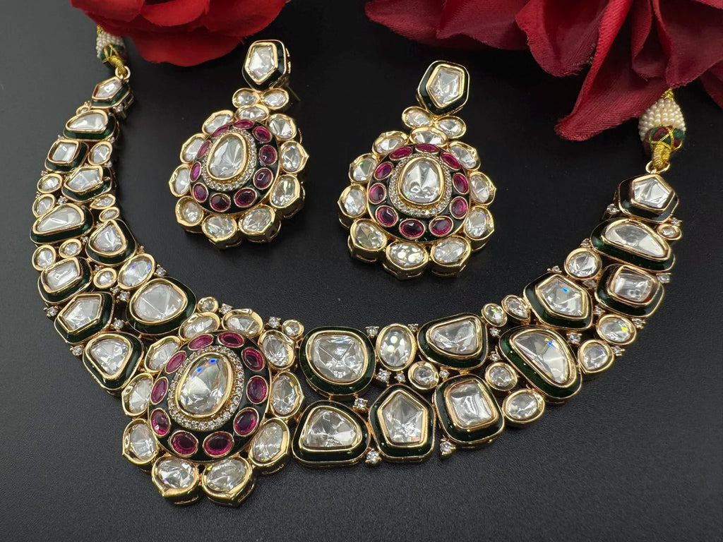 Bridal Premium Quality Moissanite Kundan, Italian Minakari, CZ, Stones Tyaani Inspired Necklace set with earrings