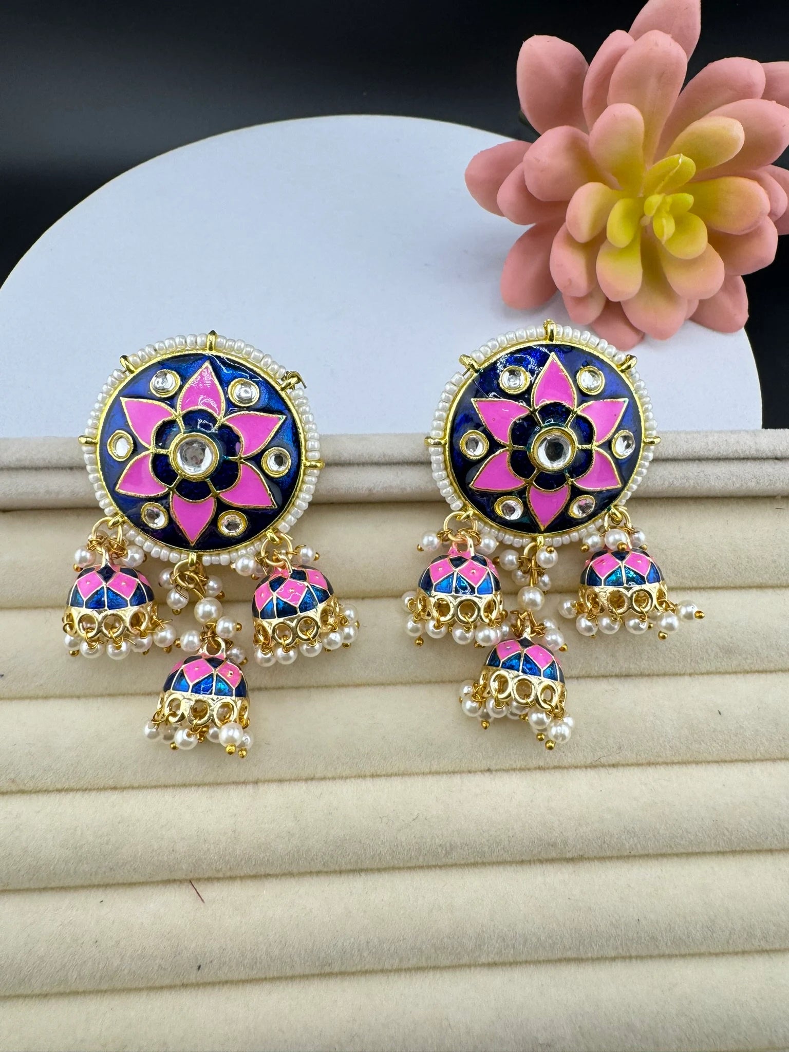 Minakari Stud with Jhumka with Kundan and pearls Earrings