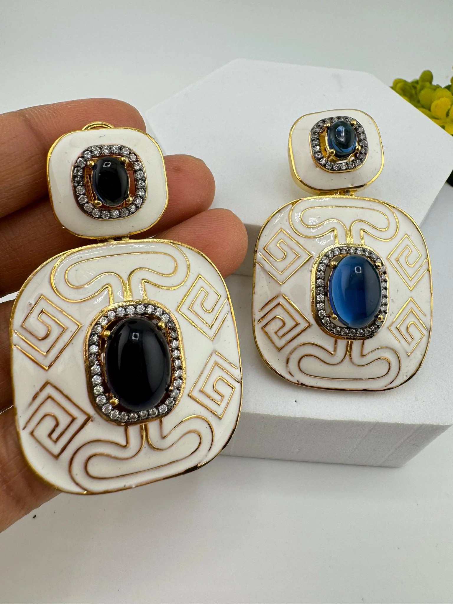 Premium White Enamel with CZ and Blue Stone and gold detailed designer Dangle earrings