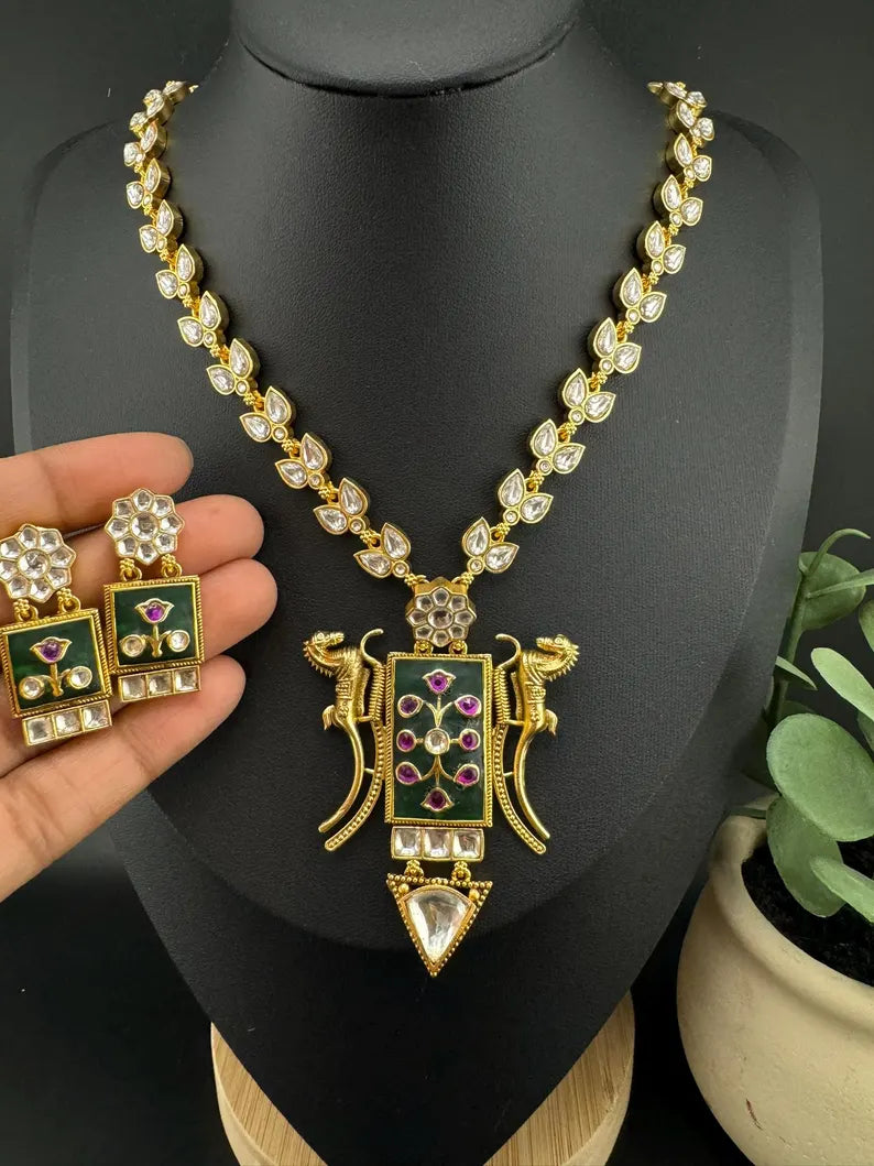 Green Amrapali Inspired, Premium Quality Inlay work on natural stone long Necklace