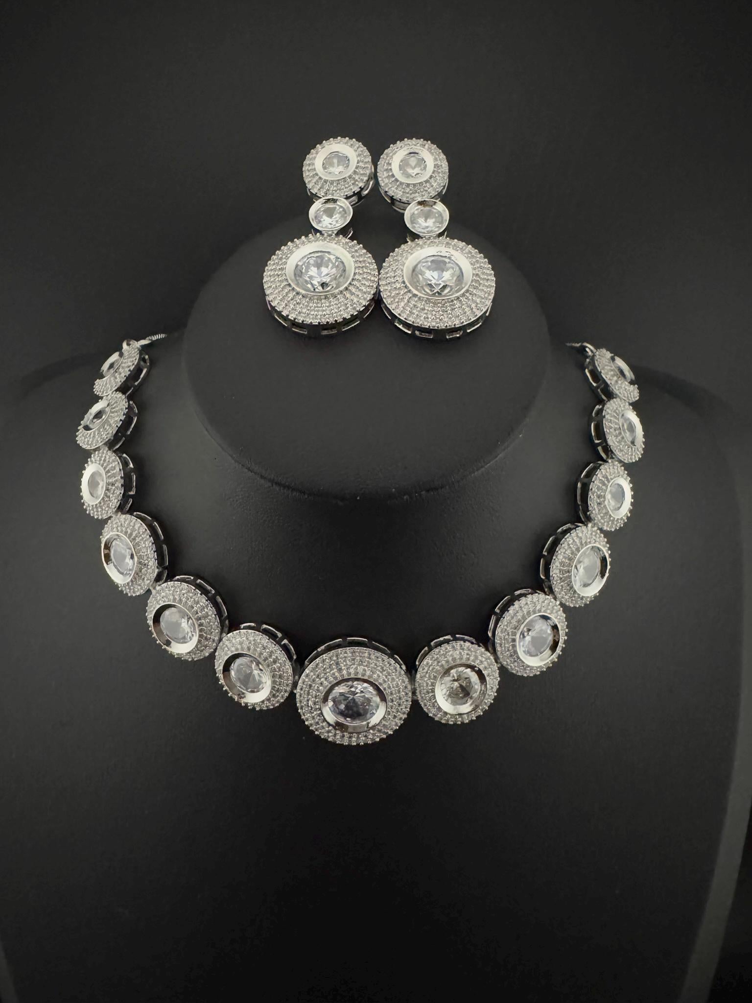 Premium American Diamond, Cubic Zirconia, Silver Polish, High Shine Sleek Necklace set with long earrings