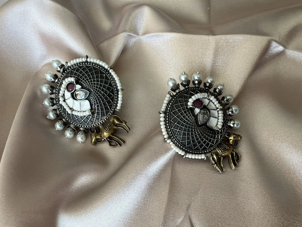 White Enamel oxidized silver earring stud with stone and pearls